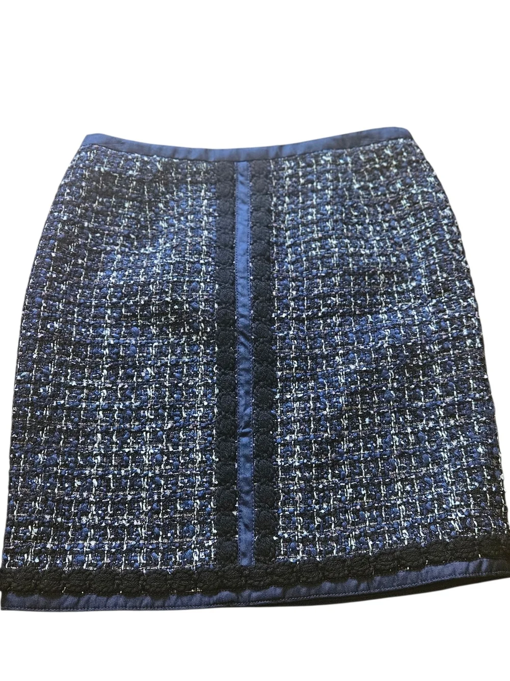 Tory Burch Navy Blue Tweed Mini Skirt Size 2 Textured Silk Trim Pocket Detail